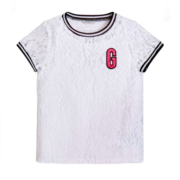 GUESS Girls' Big Applique Logo All Over Lace Top Shirt Size 10 - Picture 1 of 2